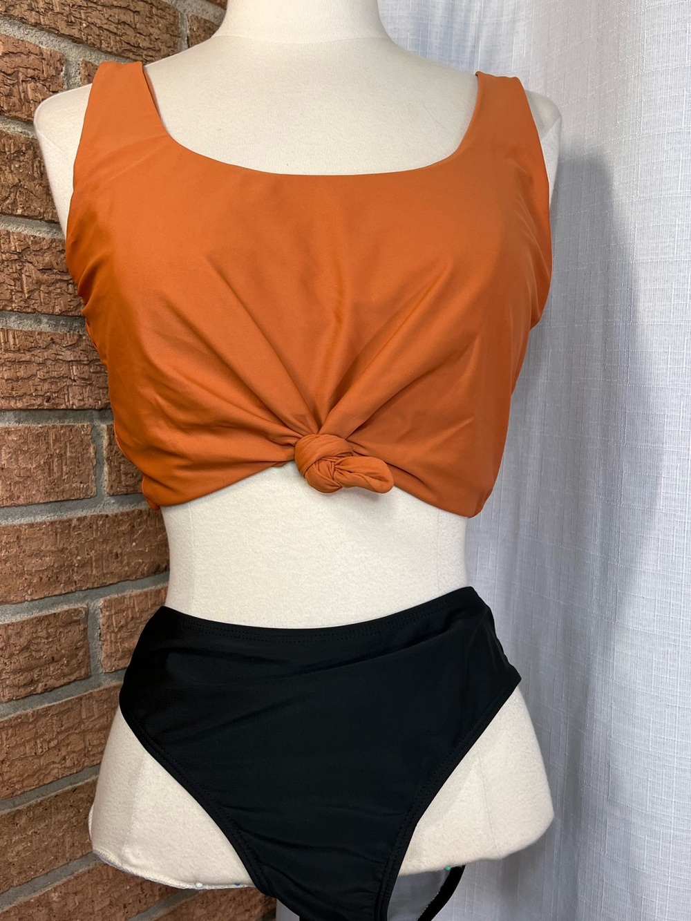 Color Block High Waisted Bikini Set XL Orange Black Knot Front Swimwear